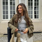 YENKYE New 2025 Women Suede Textured Bomber Jacket Long Sleeve Lapel Collar Loose Coats Casual Female Outerwear Chic Tops