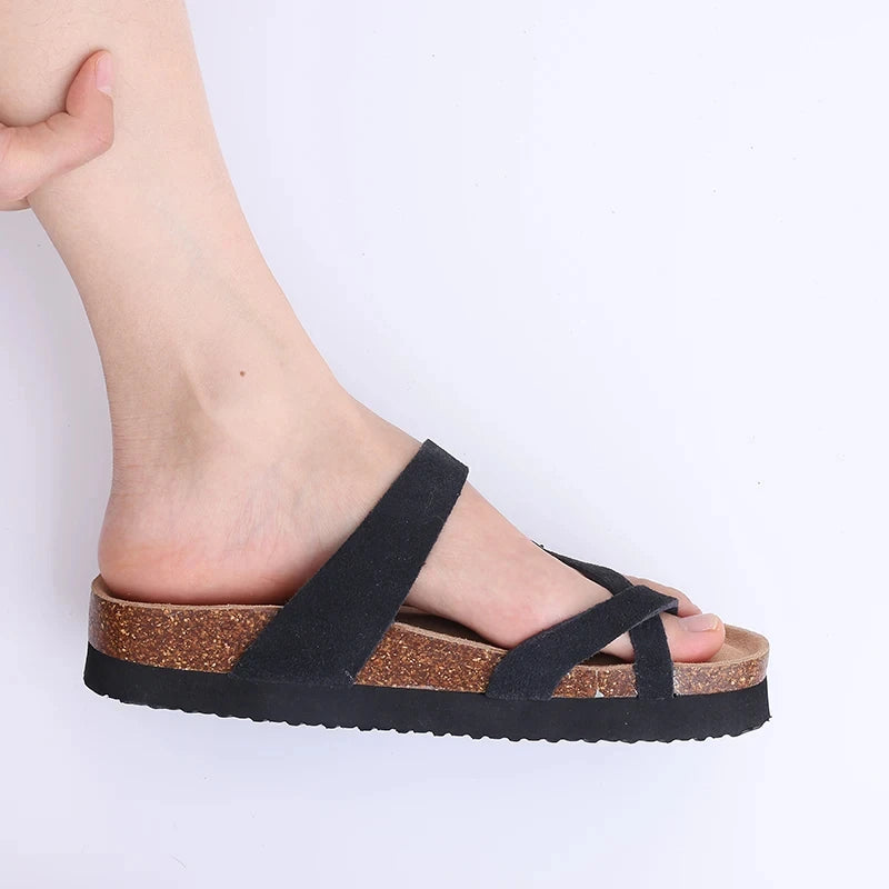 Evshine Leather Cork Footed Clogs Sandals For Women Fashion Flat Mules Slippers with Arch Support Men Double Buckle Cork Slides