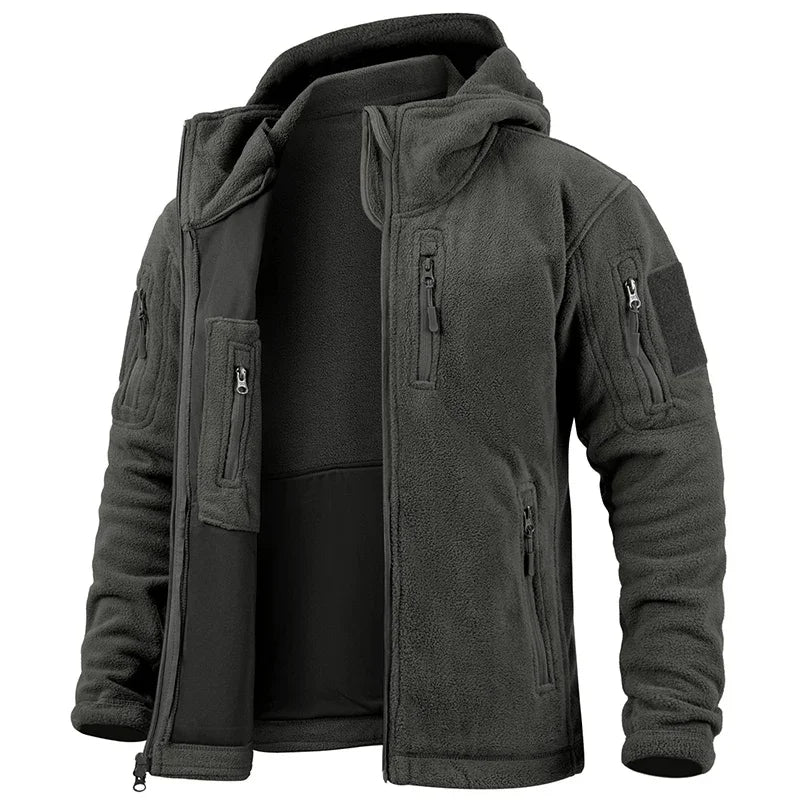 Men's Hunting Fleece Jacket Hiking Hunting Outdoor Fleece  Tactical Jacket Winter Warm Full Zip Military Hoodies Multi-Pockets