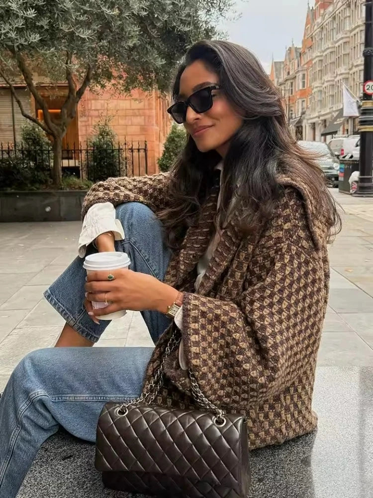 Autumn Brown Knit Cardigan - Elegant USA-Made Loose Sweater Coat
