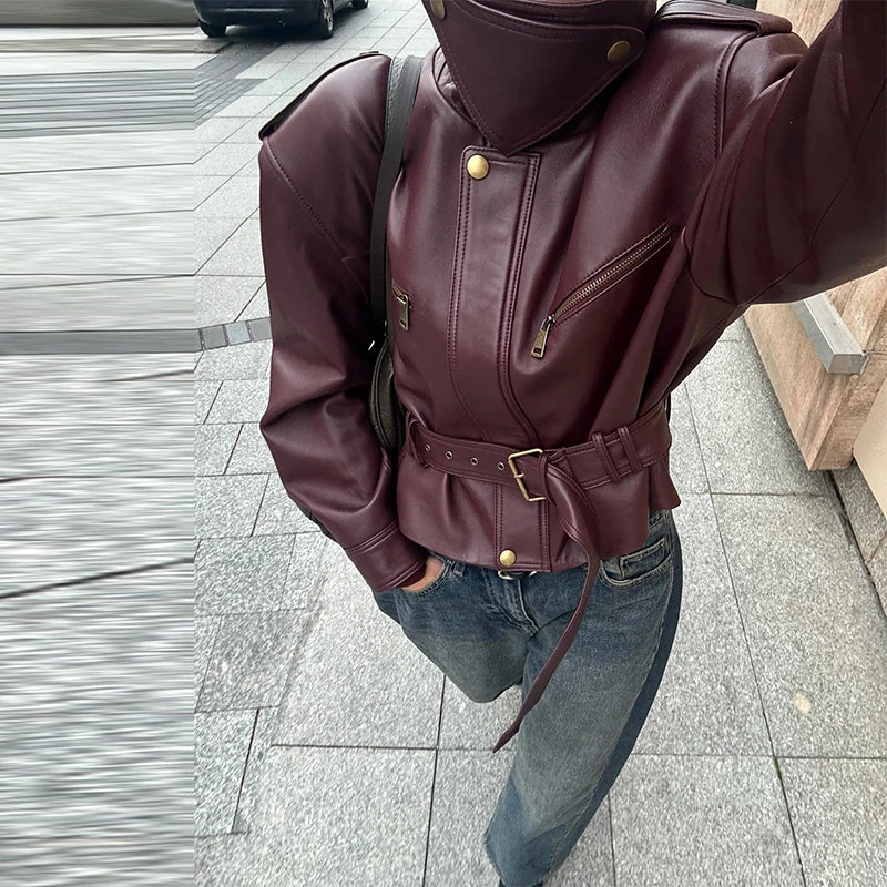 Vintage Women's Leather Jacket Stand Collar Pocket Short Coats Retro Waistband Zipper Outwear 2025 New Autumn Winter Lad Jackets