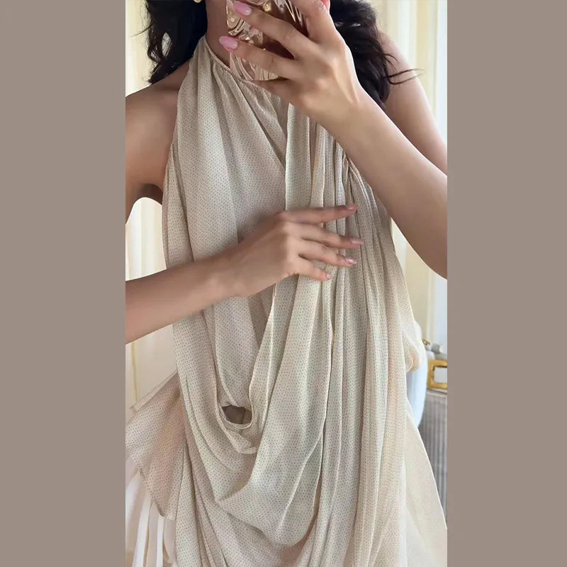 Fashion Women's Pleated Halter Vest Loose Sleeveless Backless Female Feshion Tops 2026 Summer Lady Chic All-match Solid Vests