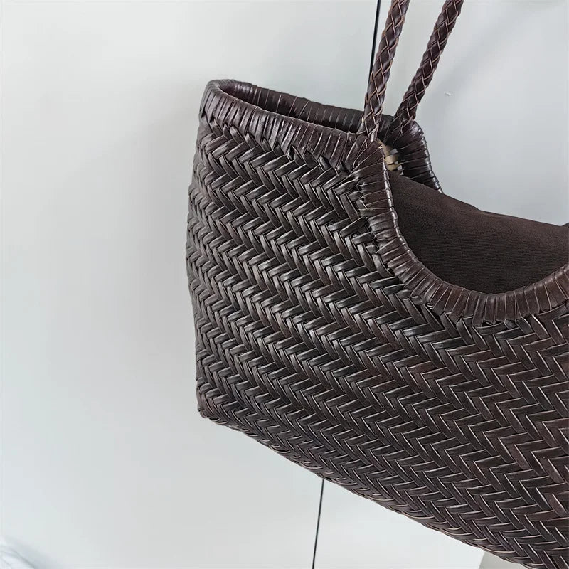 Luxury Designer Genuine Leather Cowhide Hand-woven Tote Bag High Quality Vintage Women's  Vacation Travel Beach Shoulder Bag