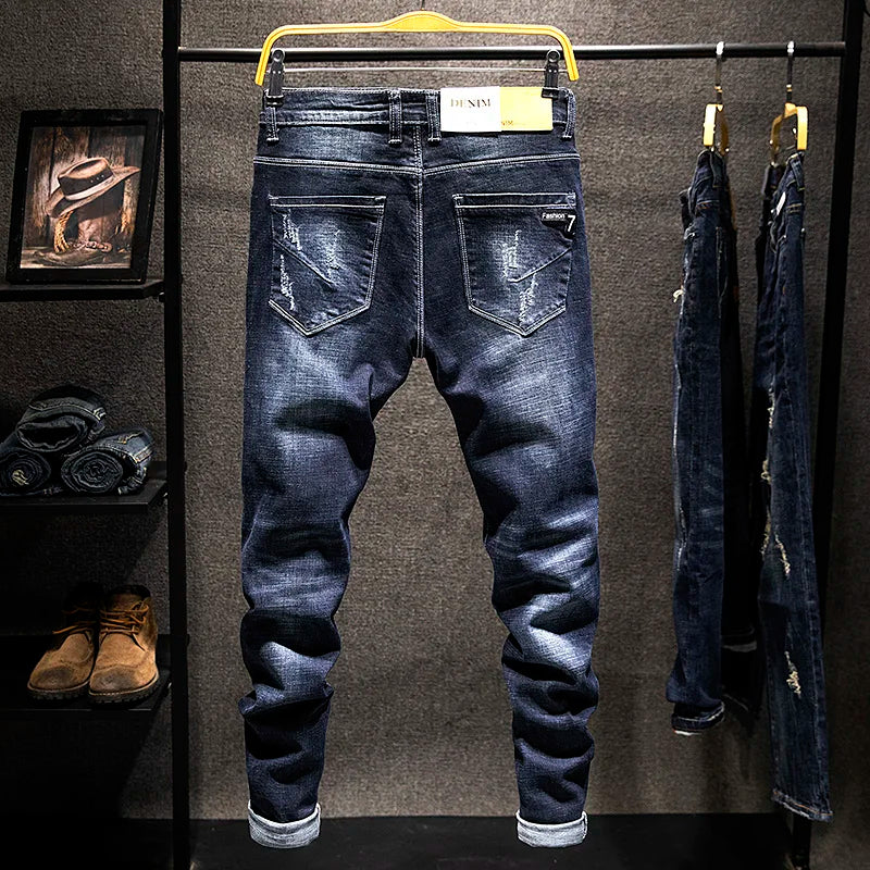 Men's Slim-Fit Ripped Jeans | Blue Black Denim