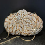 Gold Metal Leaves White Crystals Evening Clutch Bags Luxury Women Wedding Party Purse Ball Handbags Rhinestone Mini Shell Bag