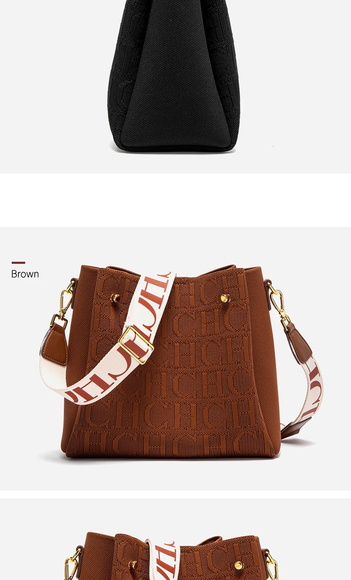 CH New Jacquard Letter Women Bucket Bag Wide Printed Strap Crossbody Purse Large Capacity Ladies Casual Daily Handbag Gift