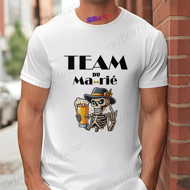 French Funny Single Farewell Bachelor Party T-shirt Wedding Beer Skeleton Tops Evg Team Married Tee Future Groom Man Squad Shirt