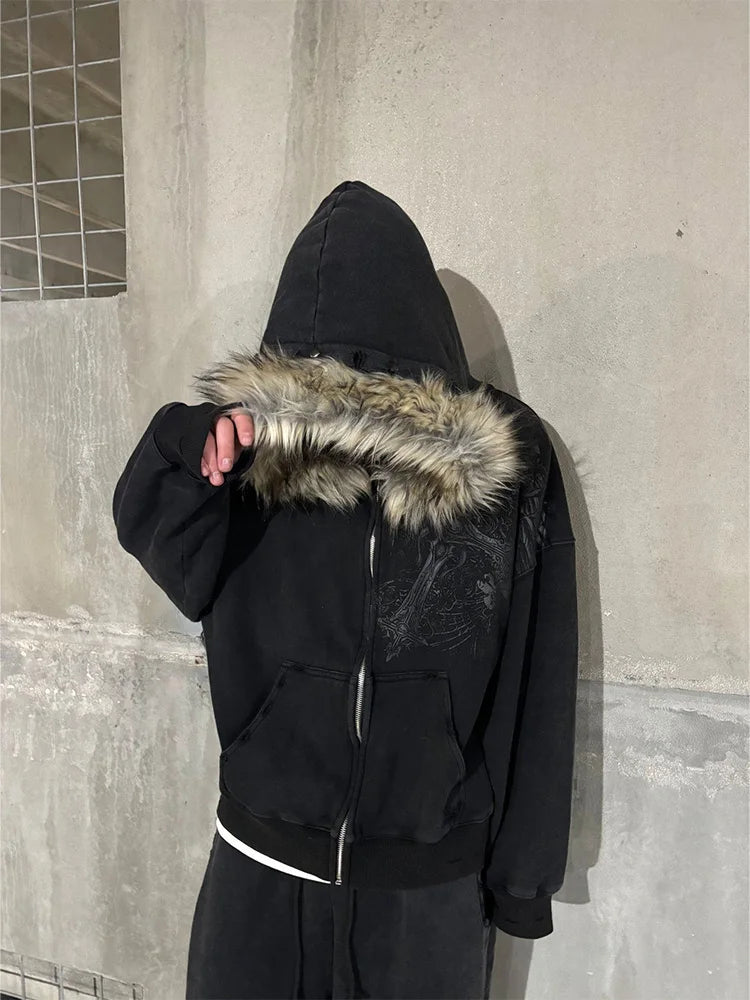 Y2K Aesthetic Faux Fur Zip-Up Hoodie