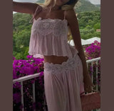 Women Floral Lace Sheer Layers Skirt Set Suspenders Ruffle Top High Waist Maxi Skirts 2026 Summer Beach Vacation Female Outfits