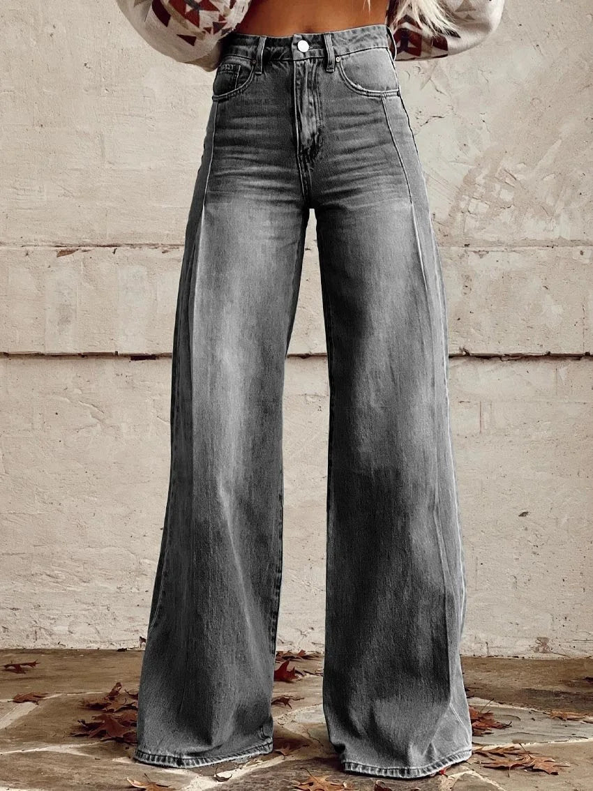 Women’s Retro Denim-Print Flared Trousers | USA Street Style Leg-Lengthening Tall Pants