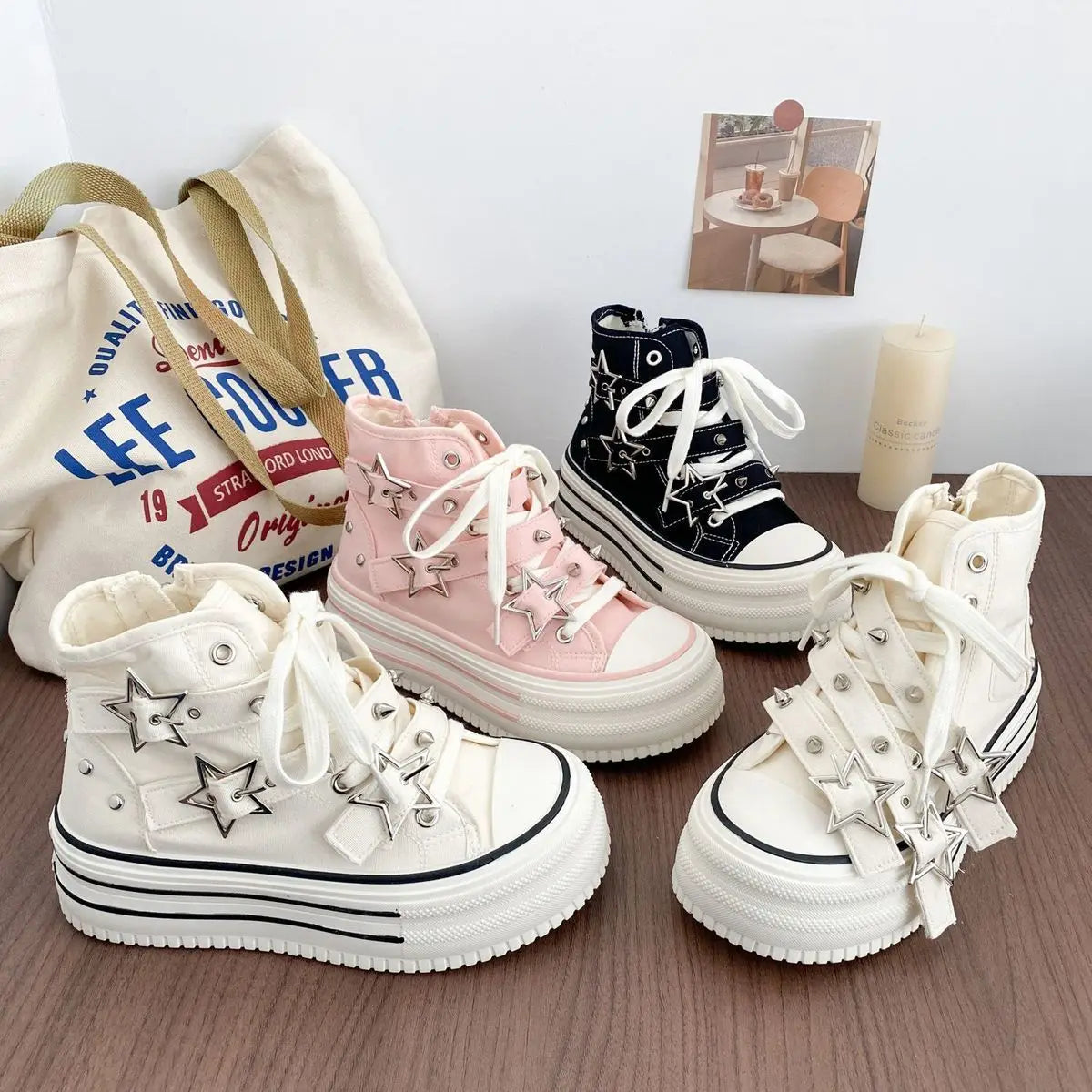 Women's High-Top Canvas Platform Sneakers — Rivet Buckle Lace-Up