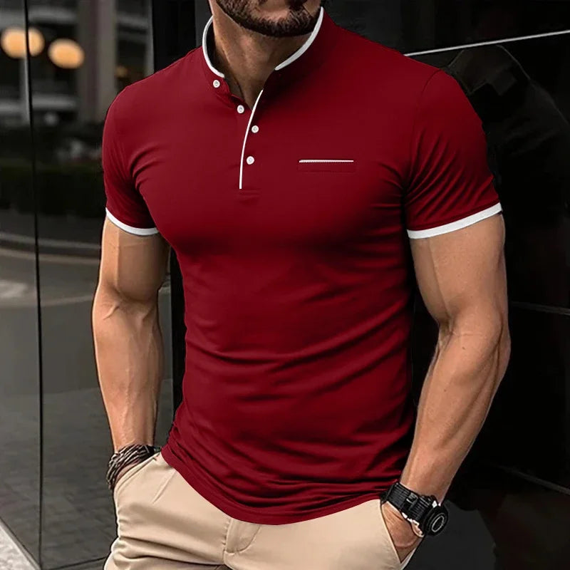 Men's Stand Collar Polo Tee – Solid, Anti-Wrinkle