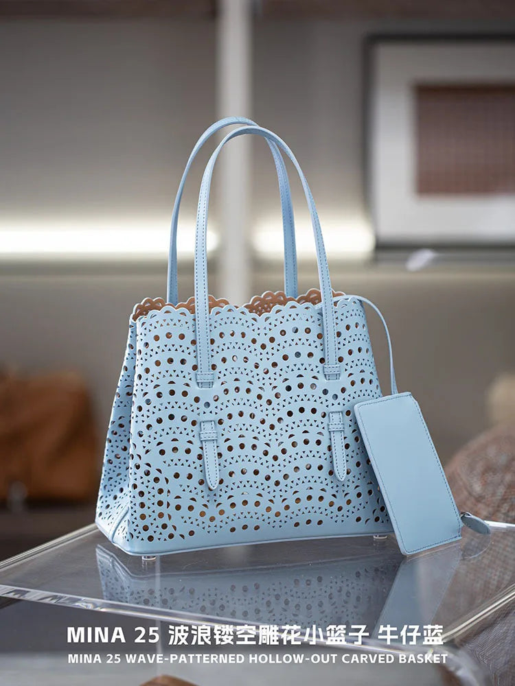 New Tote Bag French Cowhide Handmade Bag Niche Laser Engraved Hollow Leather Vegetable Basket Bag Casual Versatile Temperament
