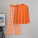 Women’s Autumn Color-Block Knit Set | Loose Split Top & Wide Leg Pants