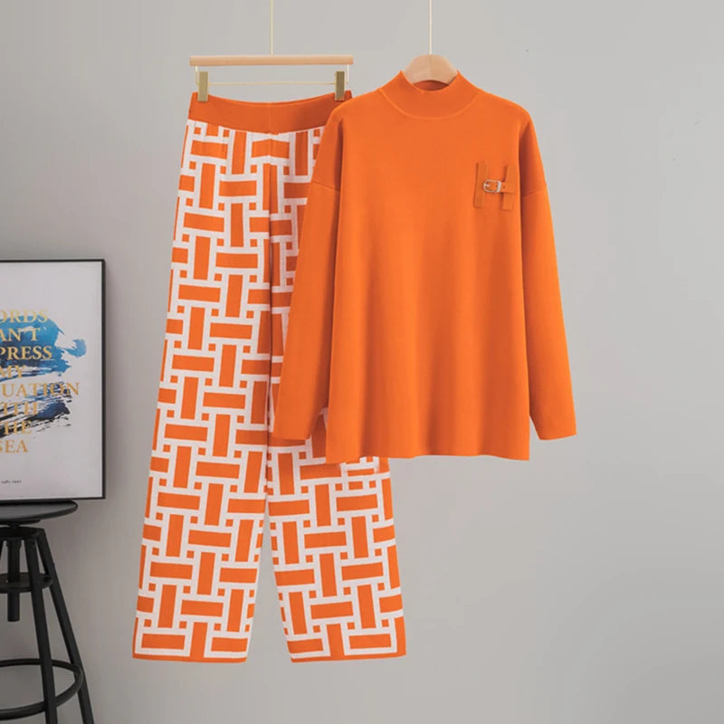 Women’s Autumn Color-Block Knit Set | Loose Split Top & Wide Leg Pants
