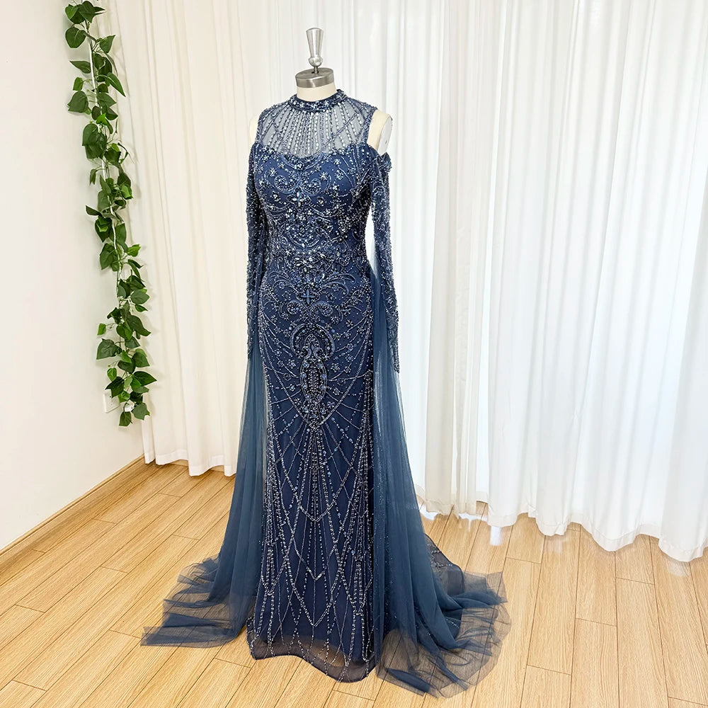 Luxury Beaded Mermaid Evening Gown | Cape Sleeve