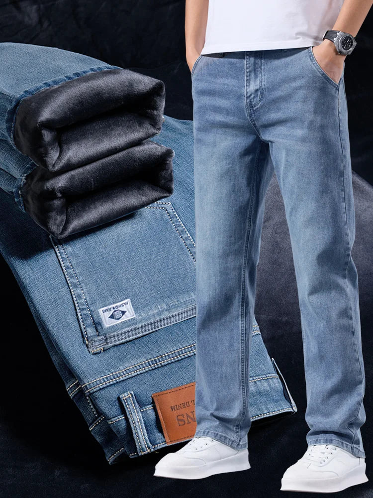 Men's Winter Fleece Thicken Lightweight Business Straight Leg Jeans Solid Color Versatile Slight Elastic Long Pants