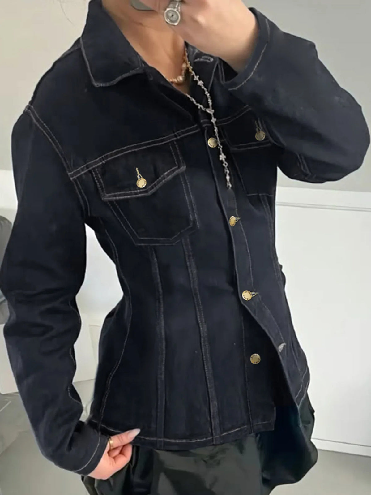 Y2K Vintage Patchwork Denim Jacket – Retro Streetwear Long-Sleeve Coat