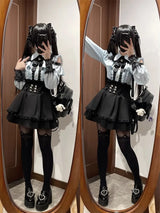 Women‘s Lolita Set Dark Femme Mesh Top & Waist Cinching Skirt, 2025 Autumn Japanese Street Style Coord for Gothic Baddie Fashion