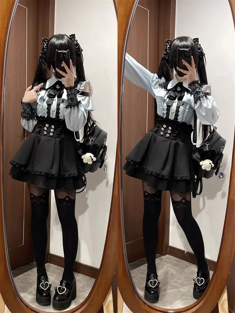 Women‘s Lolita Set Dark Femme Mesh Top & Waist Cinching Skirt, 2025 Autumn Japanese Street Style Coord for Gothic Baddie Fashion