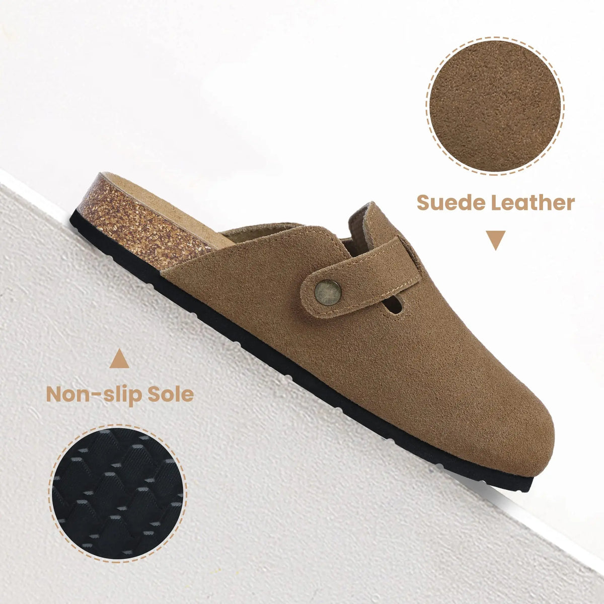 Evshine Men's Suede Clogs Fashion Leather Mules Cozy Footbed Slippers With Adjustable Buckle AntiSlip Cork Slippers Unisex Mules