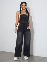 Vintage Black Denim Wide-Leg Jumpsuit – Loose Fit Oversized Overalls