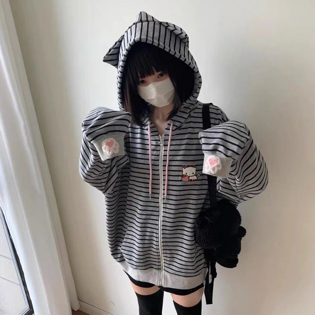 2000S American Vintage Striped Loose Long Sleeve Hooded Sweatshirt Y2k Subculture Casual Zip Up Hooded Cardigan Harajuku Coats