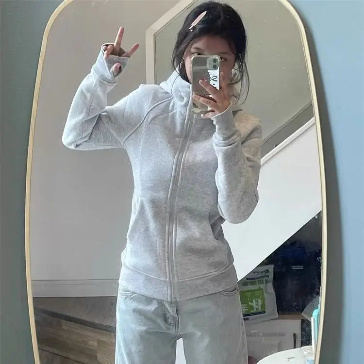 Streetwear Black Hoodie Coat 2025 Women's Clothing Hooded Zipper Slim Fit Y2k Jackets Casual Fashion Sweatshirts Tops Ropa Mujer