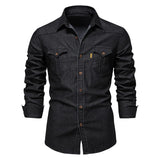 2025 Autumn Cotton Denim Shirts Men Casual Long Sleeve Quality Cowboy Shirt Solid Color Slim Fit Elastic Navy Blue Black Clothes
