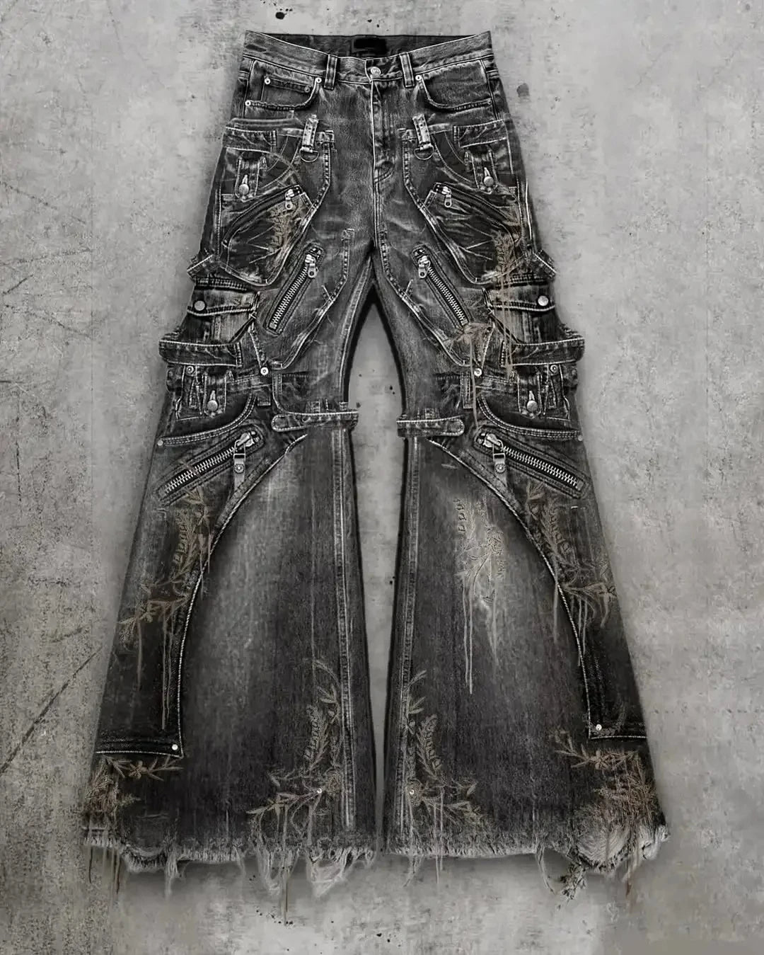 Gothic Punk Multi-Pocket Cargo Flared Jeans