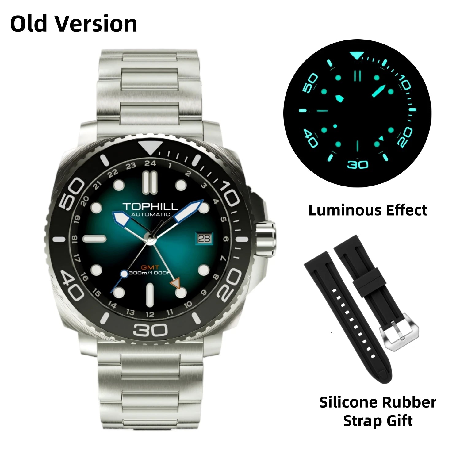 TOPHILL 43mm NH34 GMT Men Watch Automatic Mechanical Wristwatch 300M Dive Sapphire Ceramic Bezel Luxury Luminous 3H Date TD012G