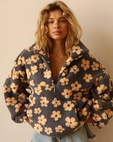 Zekye Women's Sweatshirt Flower Fleece Half Zipper Lapel Sweater Thickened with Lining Winter Clothes Woman Y2k Clothes