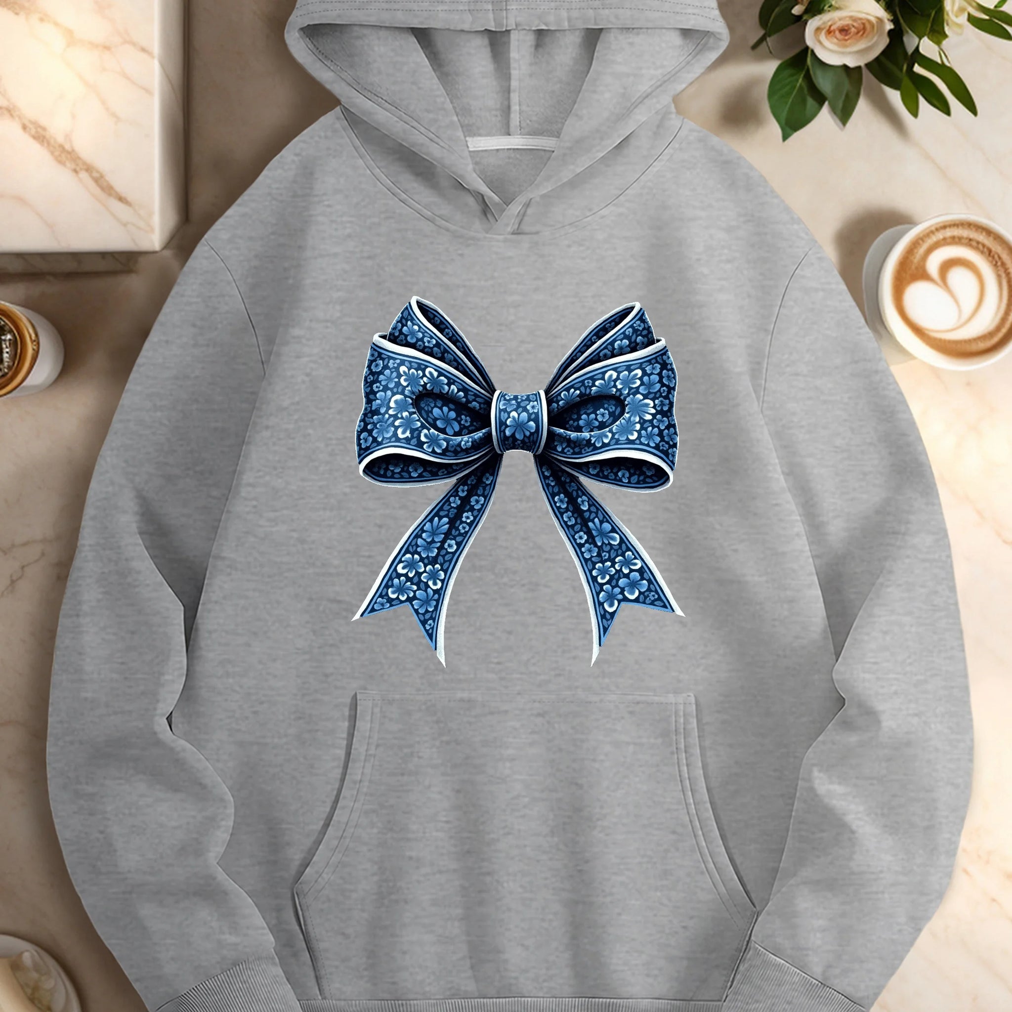 Floral Bow Accent Casual Hoodie
