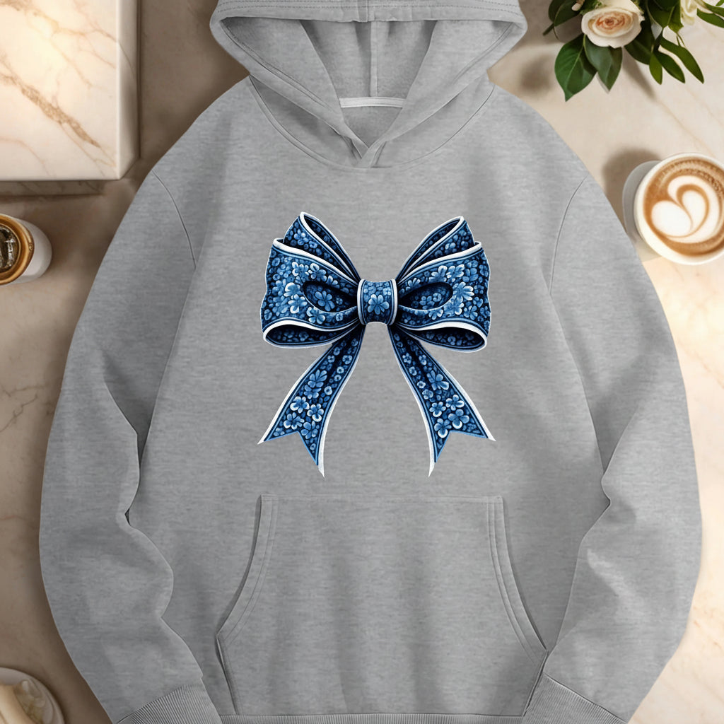 Floral Bow Accent Casual Hoodie