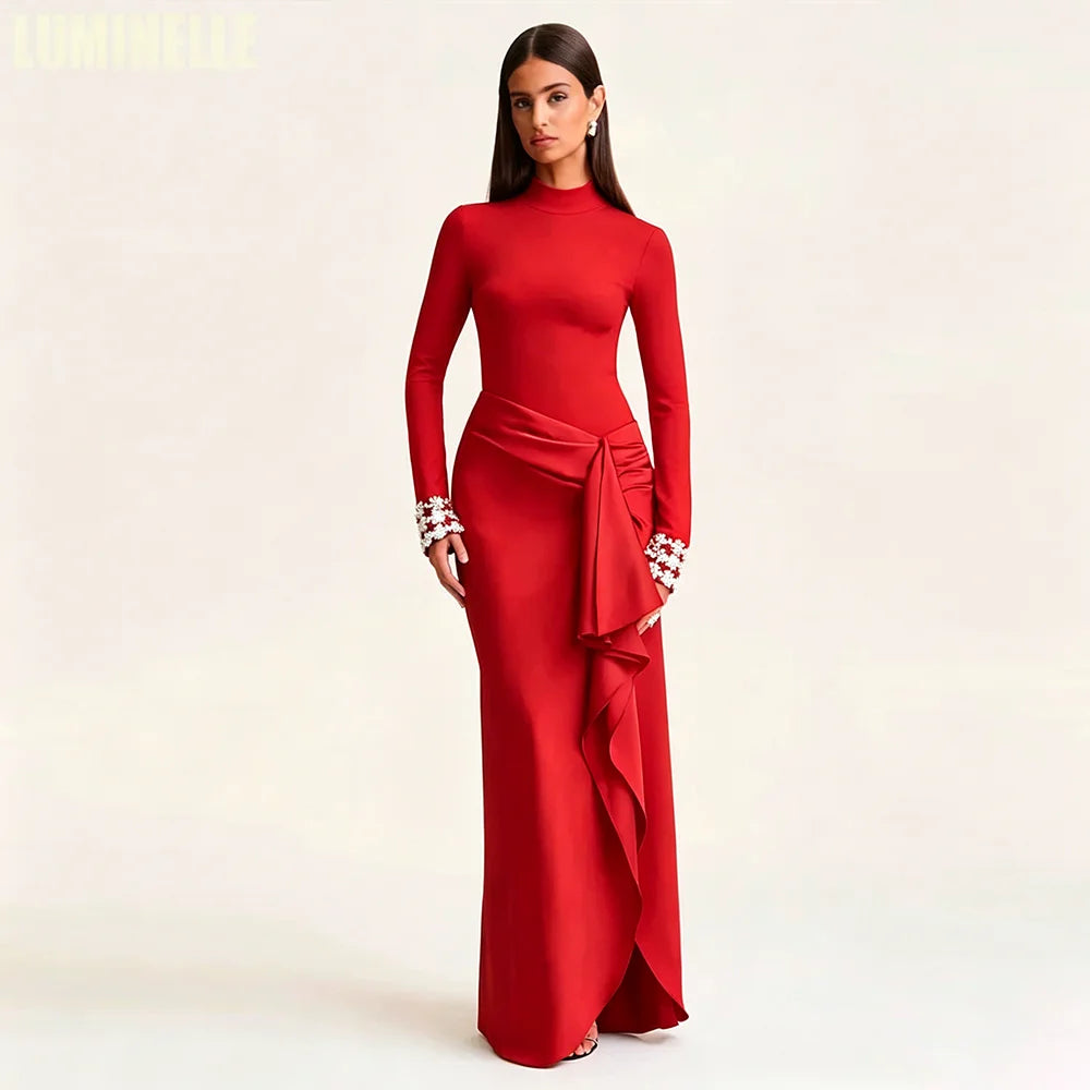 Women's High Neck Beaded Formal Gown | Long Sleeve