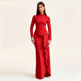 Women's High Neck Beaded Formal Gown | Long Sleeve