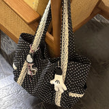 Women Niche Sweet Lace Shoulder Bag Korean Style Vintage Polka Dot Canvas Handbag Large Capacity Multi Pocket Commuting Tote Bag
