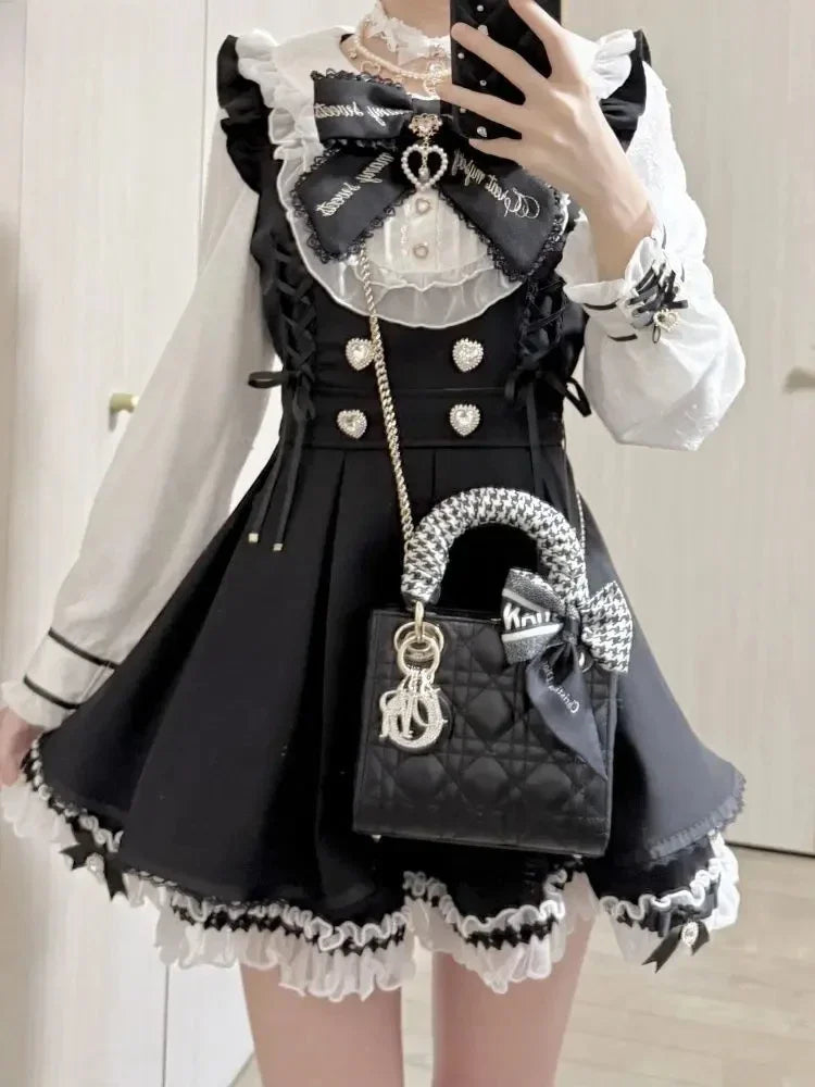 Japanese Y2K Aesthetics Vintage Bow Dress Shorts Set Women Gothic Lolita Style Long Sleeve Shirt Dress Elegant Party Dress Suits