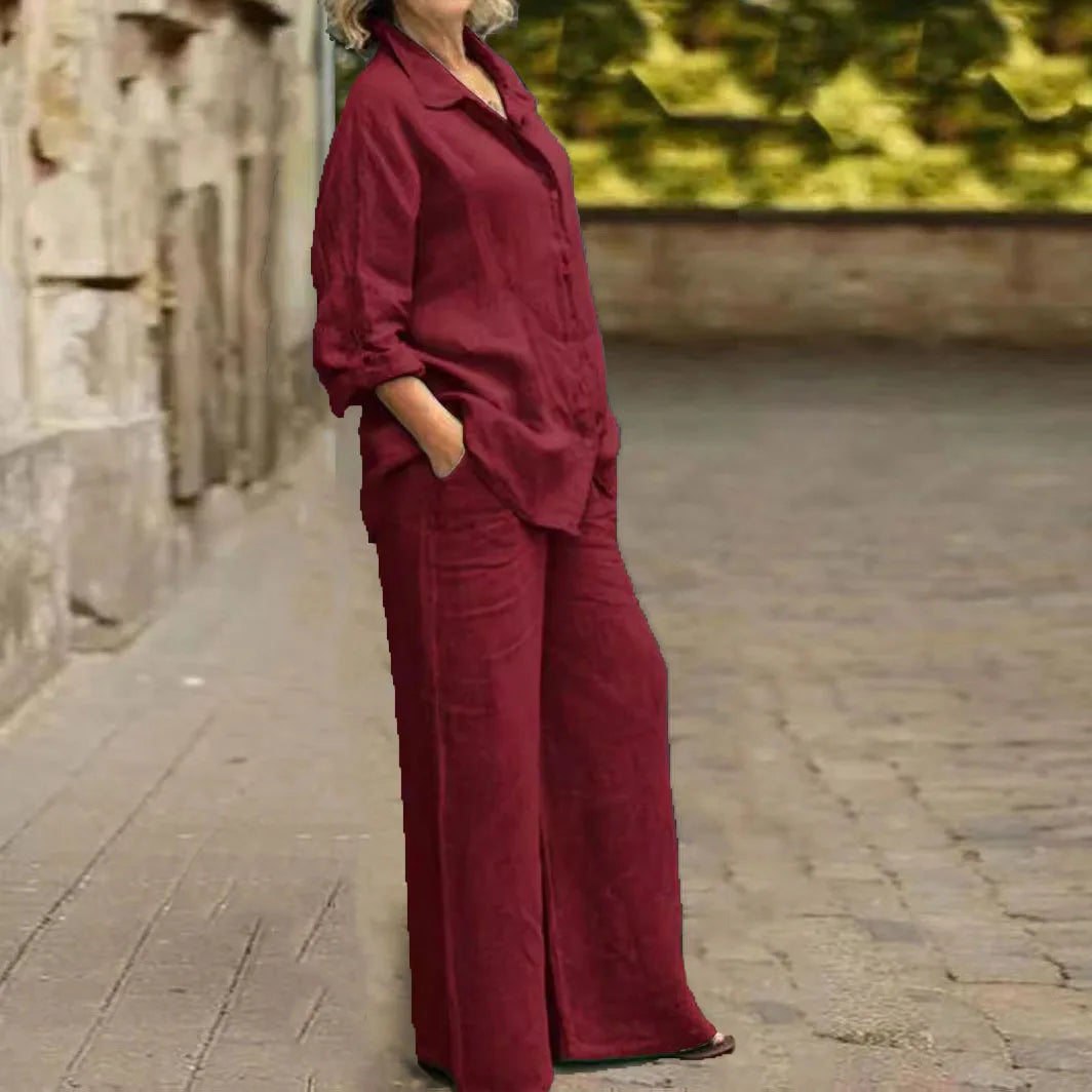 Fashion Cotton Linen Shirt Long Sleeved Women's Set Spring Autumn Loose Cotton  Linen Wide Leg Trousers Female Office 2piece Set