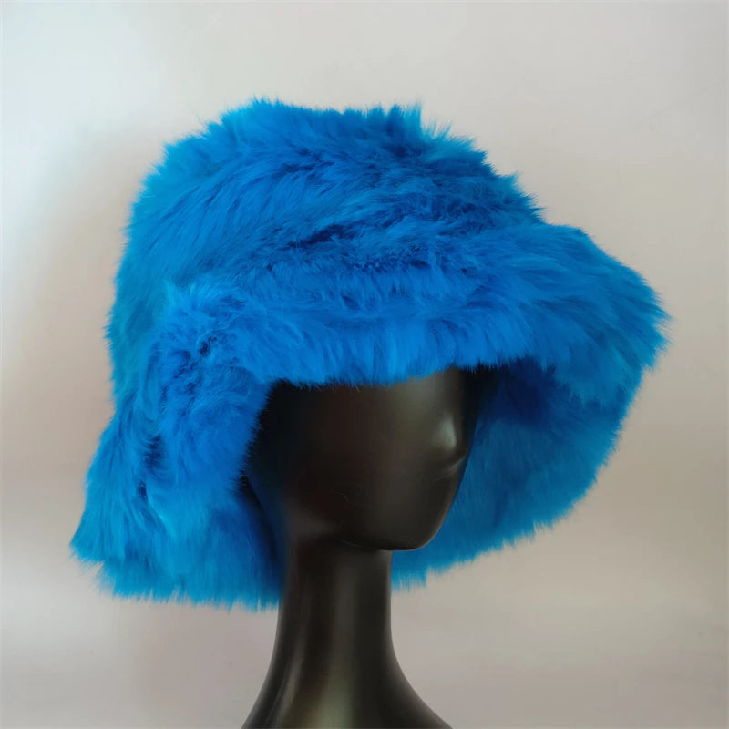 1pcs Winter Faux Fur Bucket Hat Warm Fluffy Plush colorful soft Winter hat Personality fur Fisherman Hats for women Plush hat겨