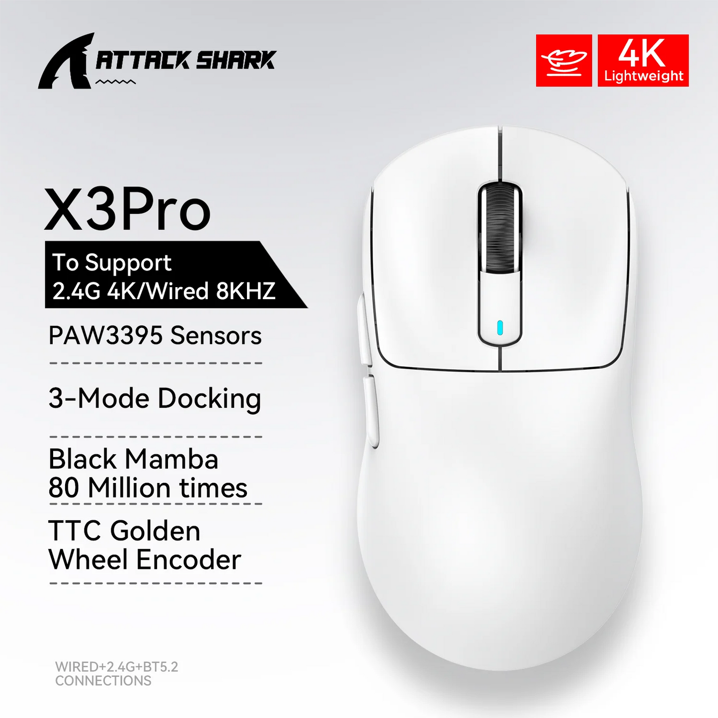 Attack Shark X3 PixArt PAW3395 Bluetooth Mouse,26000dpi,Wireless Tri-Mode Connection,Lightweight Macro Gaming Mouse