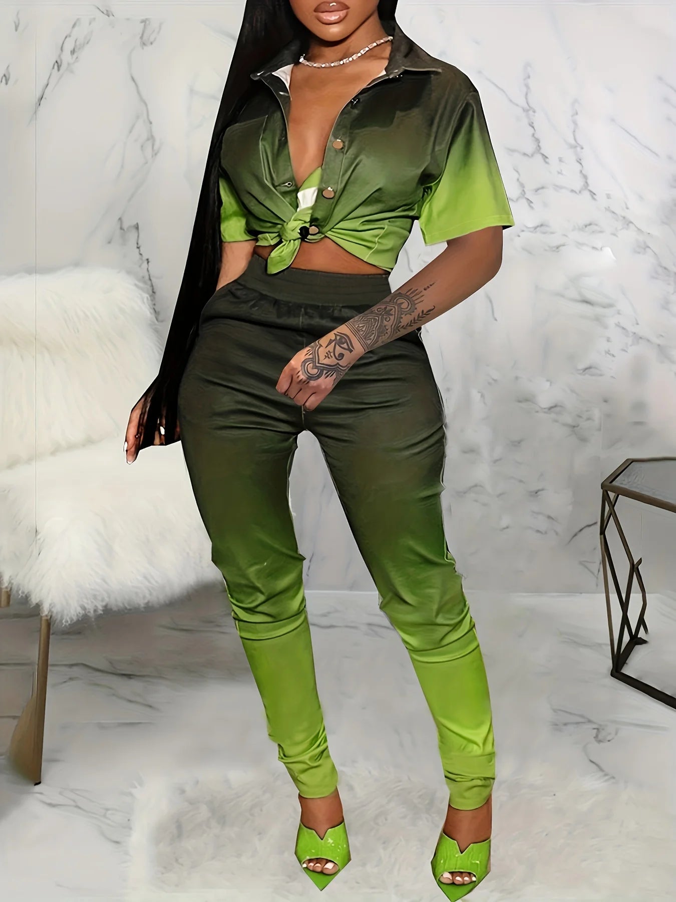 Gradient Lapel Short-Sleeve Two-Piece Suit