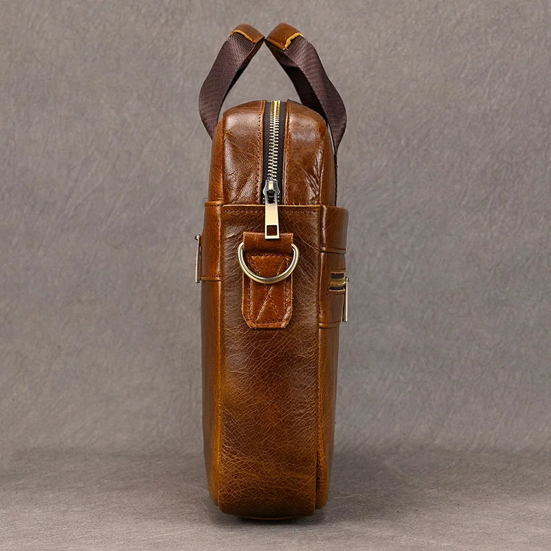 Luufan Genuine Leather Men's Business Handbag 15" Laptop Briefcase Bag Male A4 Document Shoulder Message Computer Bag Work Tote