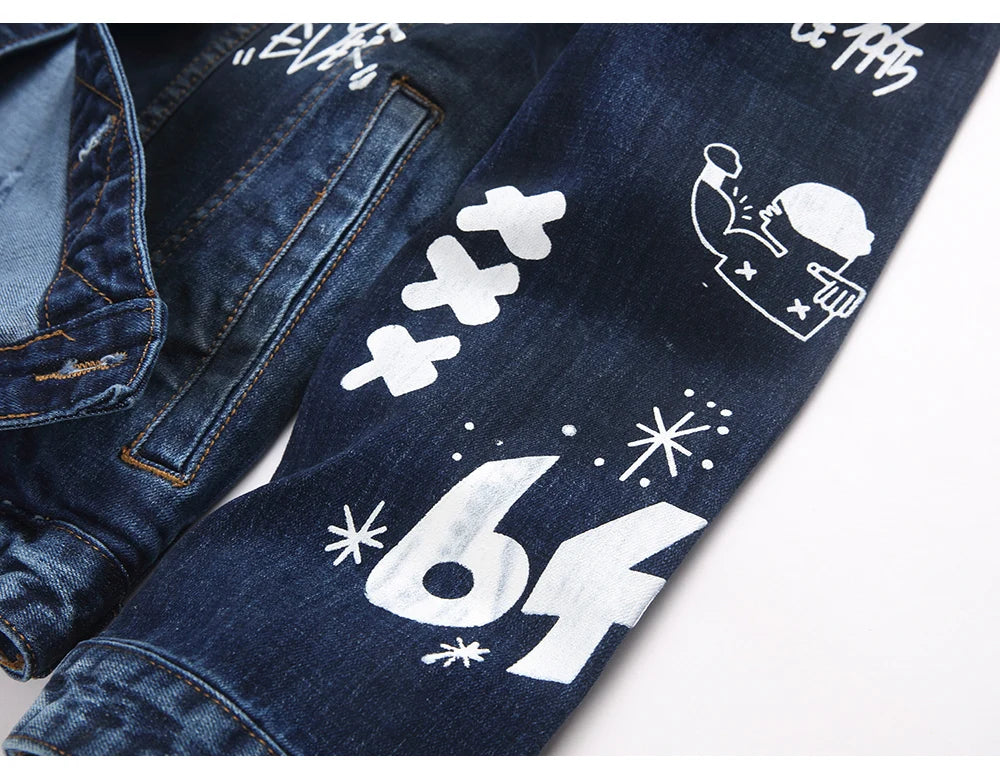 Men Graffiti Denim Jacket Casual Letters Printed Stretch Blue Jean Coat Slim Fit Lapel Collar Long Sleeve Outerwear