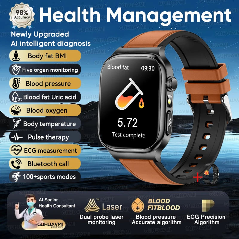 2026 New Accurate Measurement Health Smart Watch ECG+PPG Uric Acid Blood Pressure Blood Lipids BT Call Smartwatchs For Men Women