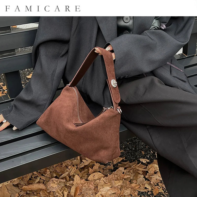 Wholesale Women Suede Bag Female Retro Frosted Cowhide Split Leather Armpit Shoulder Bag Lady Handbag Trendy Crossbody Messenger