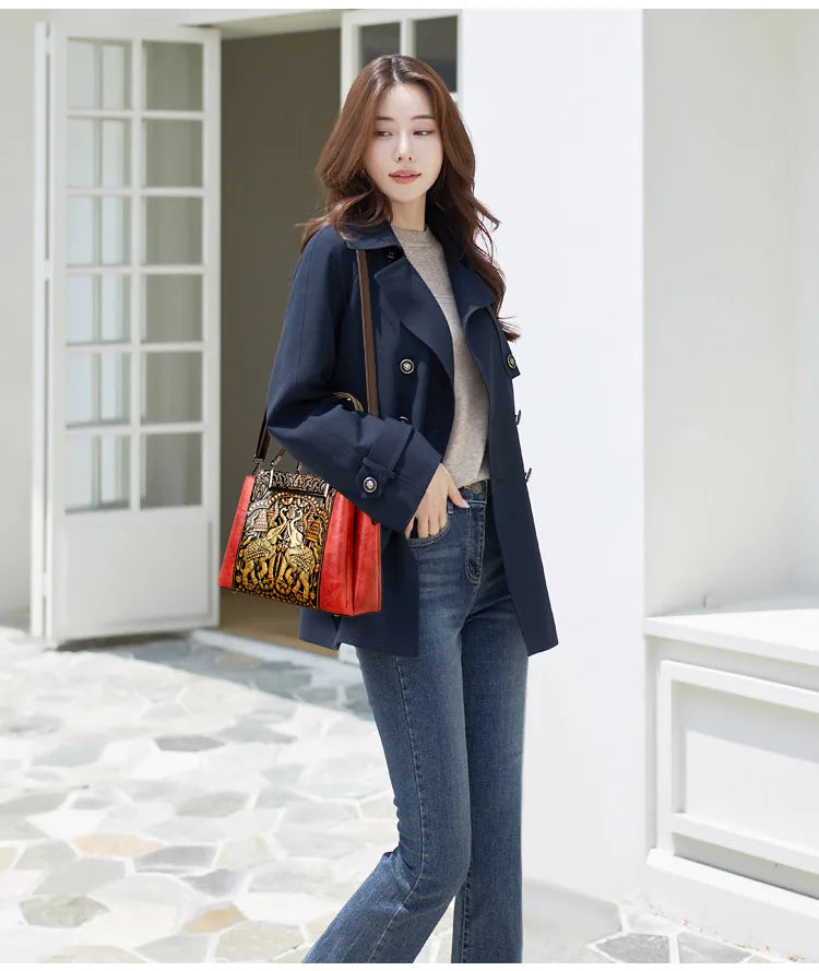 New Vintage Embossed Handmade Handbag For Women Versatile PU Leather Shoulder Bag 3 Layers Large Capacity Crossbody Bags Female