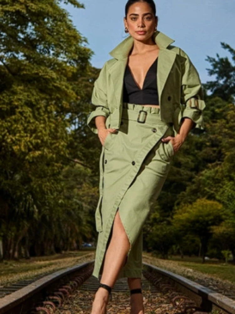 Fashion Two Piece Sets Outfits Office Lady Tracksuit Street Wear Cargo Set Long Sleeve Jacket and Wrap High Split Skirts Suit