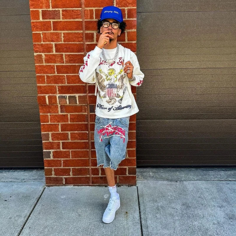 Y2K Graffiti Rhinestone Jorts | Retro Hip Hop Baggy Distressed Denim Shorts