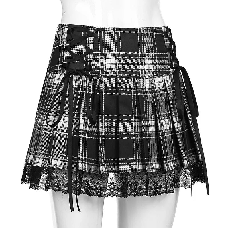 Pink Plaid Y2K Pleated Mini Skirt with Lace Trim